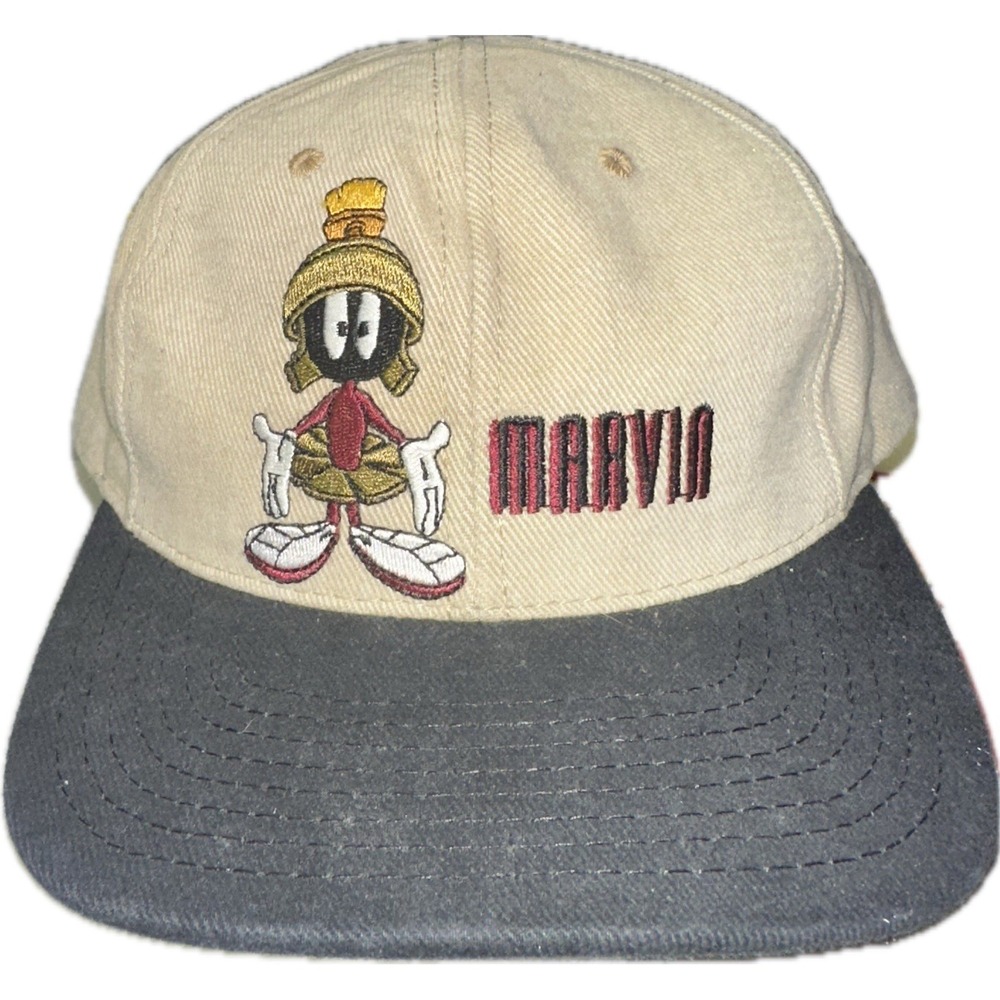 Vintage 90s Marvin The Martian Hat Cap Beige Black 1991 Large Fitted Time Warner